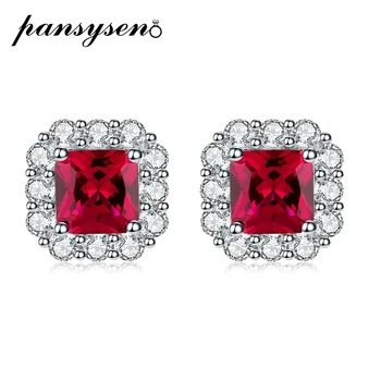 

PANSYSEN Luxury 925 Sterling Silver 7*7MM Red Ruby Gemstone Earring Wedding Engagement Earrings Studs Fine Jewelry Drop Shipping