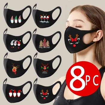 

8PCS Christmas Printed Mask Cute Santa Print Breathable Dustproof Reusable Protection Earloop Mouth Caps Face Cover Маски masque