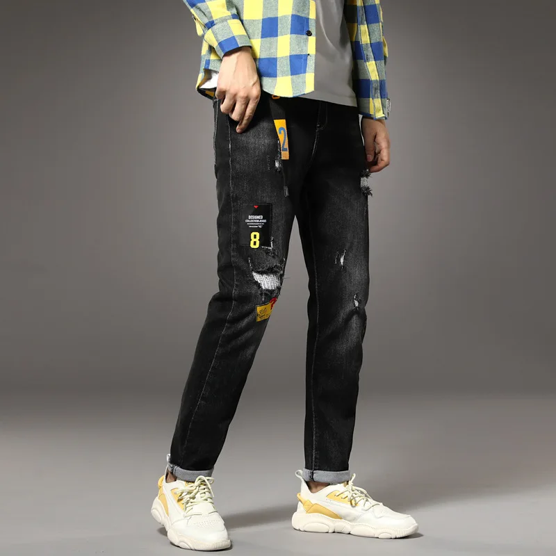 

2019 Autumn And Winter Printed Black Lettered Night Club Style Elasticity pencil pants Jeans Men's Answer Shop Boutique Small Si