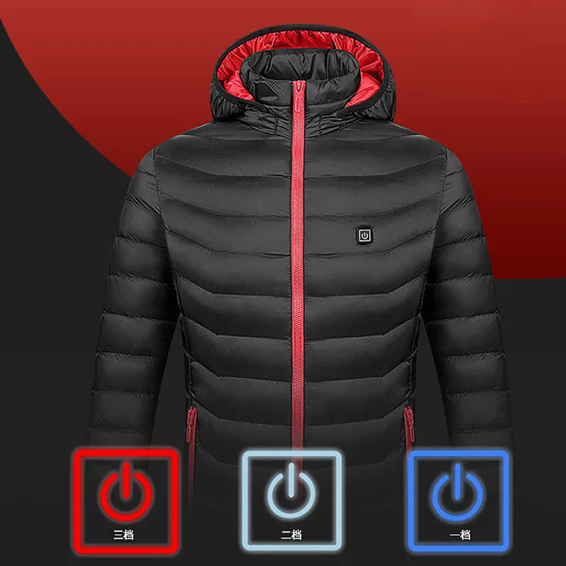 

S-2XL USB Electric Heating Hooded Coat Warmer Winter Heated Jacket 3 Mode Temp Control Compatible With power bank for 8 hours