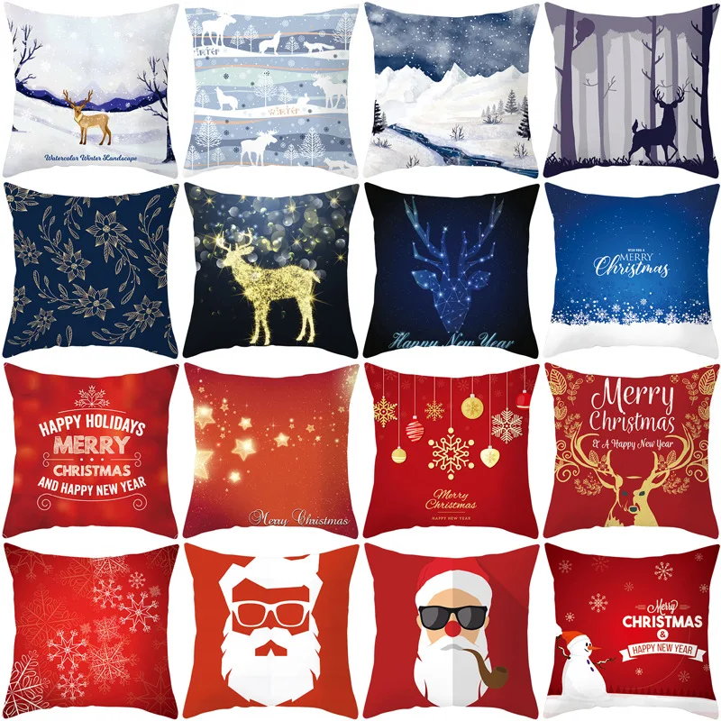 

RULDGEE 1PC Christmas Pillow Case Waist Throw Reindeer Elk Deep New Pattern Blue and Red Decorative Pillows Cover