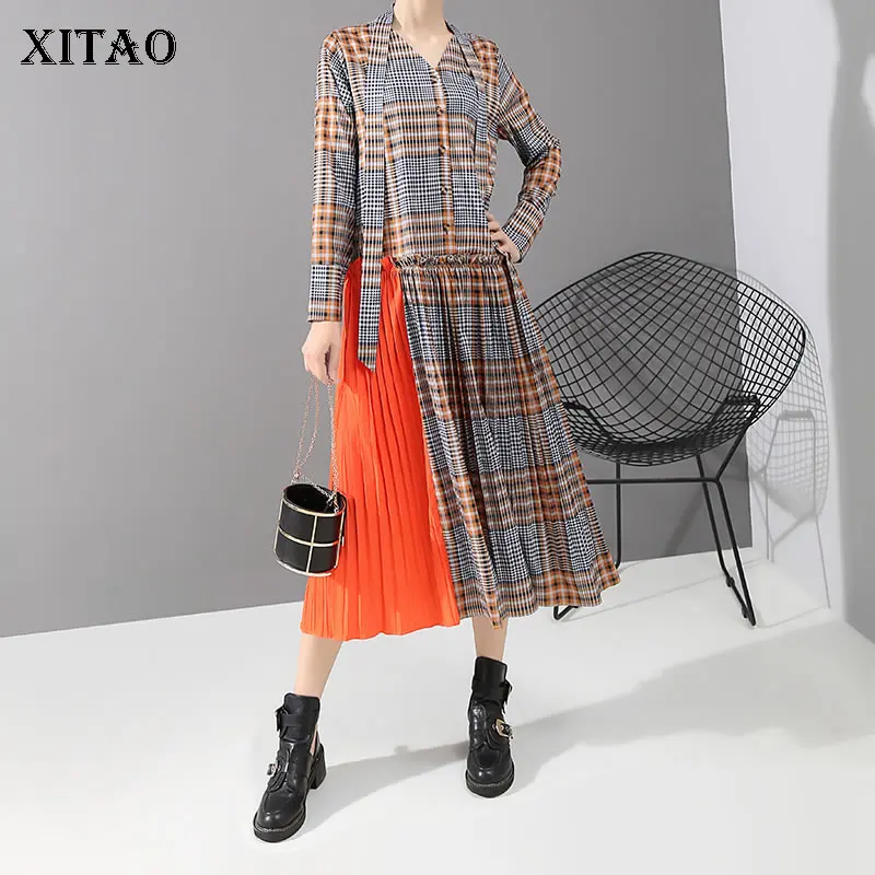 

XITAO Pleated Bow Waist Dress Women Korea Fashion New 2019 Autumn Elegant Plaid Patchwork Elegant Minority Loose Dress WLD2532