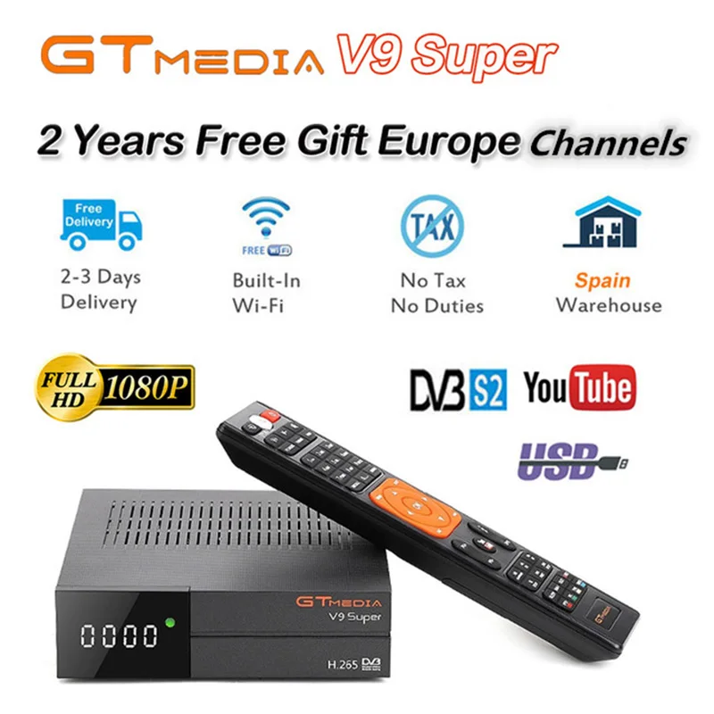 GTmedia V9 Super Digital Satellite TV Receiver built-in WIFI 1080P HD with 2 years Europe 7 Cables DVB-S2 H.265 DRE&Biss key - Цвет: V9 Super