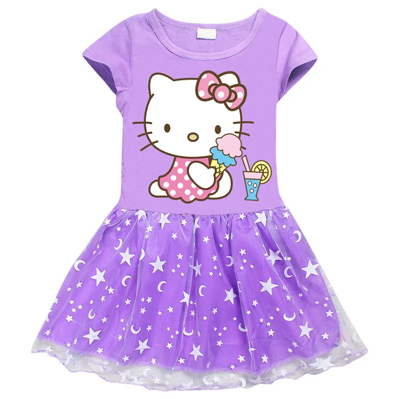 Purple Hello kitty/платье принцессы для маленьких девочек; летнее хлопковое кружевное платье-пачка Эльзы; вечерние платья для дня рождения; Детский костюм - Цвет: Purple