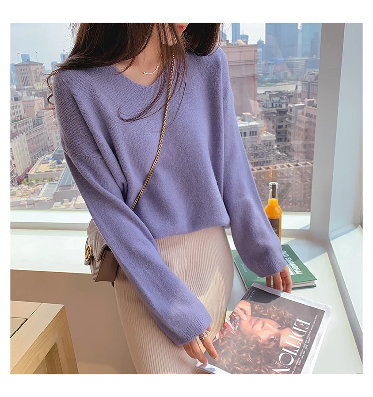 RUGOD Elegant knit sweater women Fashion v neck long sleeve pullover sweaters casual solid mutil color oversized outwear