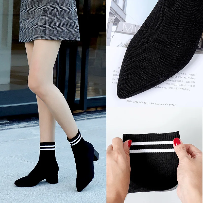 

Woman Boots Square Heels Pointed Toe Knitting Sock Ankle Short Boots Winter Booties Woman 2019 Slip On Women Martin Boots Black