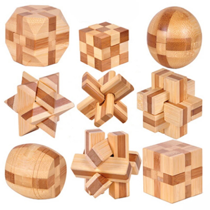 9Pcs 3D Puzzle Wooden Kong Ming Lock IQ Brain Teaser Educational Game Toy 