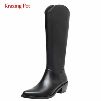 

Krazing pot riding boots real leather solid three colors all-match pointed toe thick med heel zipper mature knee high boots L80