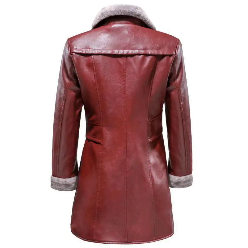 New Autumn Winter Warm Long Leather Jacket Fashion Women Slim Turn Down Collar Faux Wool Liner Leahter Caots Pvc Outerwear