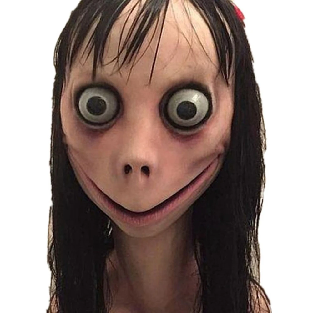 Scary Momo Mask Hacking Game Horror Latex Mask Full Head Momo Mask Big Eye With Long Wigs