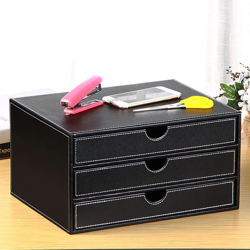 

Three Layer Leather Desktop File Cabinet A4 File Papers Data Ark Office Supplies Drawer-type Storage Cabinets Wood