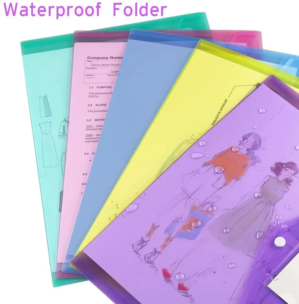 5pcs A4 Size Plastic Envelopes Clear Document File Envelope Folders with Label Pocket & Snap for School Home Office Supplies