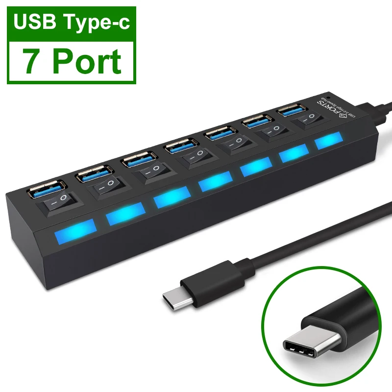 Usb-хаб 3,0 USB C концентратор мультиразветвитель USB type C USB-C концентратор для ПК Macbook type-C USB-HUB адаптер несколько Hab с адаптером питания - Цвет: USB C 7 Ports