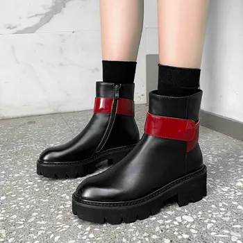 

Women Genuine Leather Ankle Boots Fashion Zipper Platform Short Boots Woman Buckle Round Toe Winter Boots Black