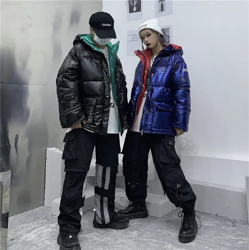 Теплая куртка с капюшоном и буквенным принтом, толстая парка Harajuku, зимнее глянцевое пальто, женские куртки в стиле хип-хоп, уличная одежда, Свободное пальто