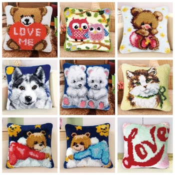 

Cartoon Cushion Latch Hook Crochet Kit Flannel Pillow Mat DIY Craft Bear Wolf Cat Cross Stitch Needlework Latch Hook Rug Canvas Crocheting Cushion Embroidery Christmas Decor Handmade Knitted Needlework