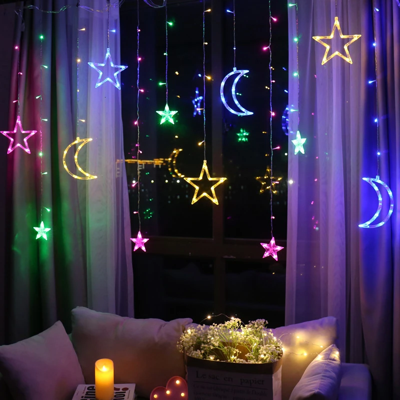 137inch Moon Star Lamp LED String Ins Christmas Birthday Lights Party Decoration Holiday Curtain Wedding Neon | Освещение