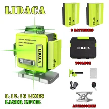 Niveau Laser vert 4D 12/16 faisceau, 8/360 lignes, degrés auto nivelants, lignes transversales horizontales et verticales, batterie extérieure 