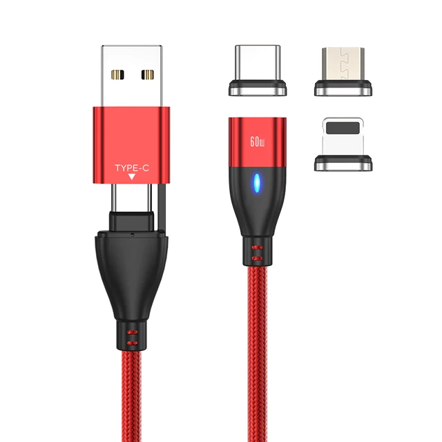 AUFU 6 in 1 60W PD Fast Charger Cable USB C To Type C Micro Magnetic Data Cables for iPhone Charging Wire for Macbook laptop Red with 3plugs