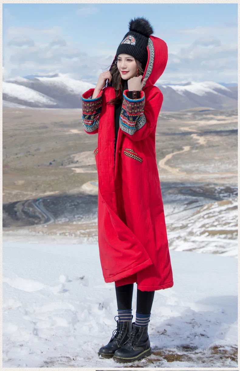 Women Cotton Linen Parkas Hooded Vintage Coats Print Floral Winter Button Warm Long Sleeve Chinese Style Parkas