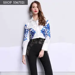 Высокое качество новая подиумная модная Женская Роскошная блузка с вышивкой отложной воротник длинный рукав Шелковый Топ рубашка/блузка