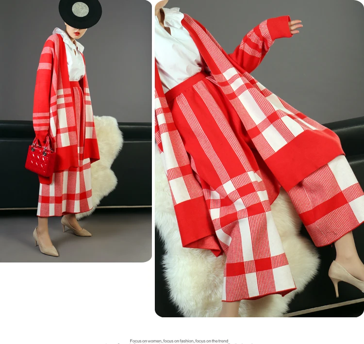 LANMREM, высокое качество, новинка, модный Красный Клетчатый вязаный кардиган, пальто и свободные широкие штаны, Женский комплект из 2 предметов, Vestido YG077