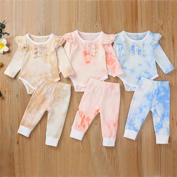 

Newborn Baby Boy Girls Clothes 2Pcs Set Tie Dye Ribbed Knitted Long Sleeves Ruffles Romper+Pants Infant Toddler Clothing Outfits