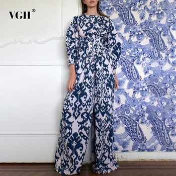 

VGH Print Hit Color Jumpsuits For Women O Neck Long Sleeve High Waist Slim Vintage Jumpsuit Female 2020 Fashion New Clothing