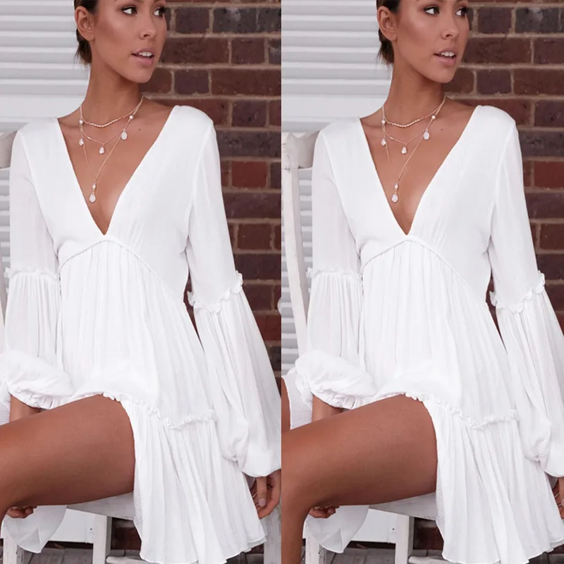 

ZOGAA White Beach Elegant Layered Ruffle Women Summer Dress Sexy Deep V-neck Lantern Long Sleeve Dress Female Holiday Mini Dress