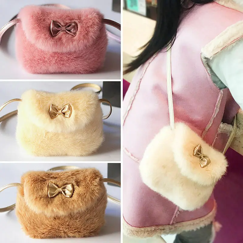 

2019 New Baby Girls Furry Now Bags Warmly Children Cross Body Mini Purse Bowknot Artificial Fur Bag Kids Birthday Gifts