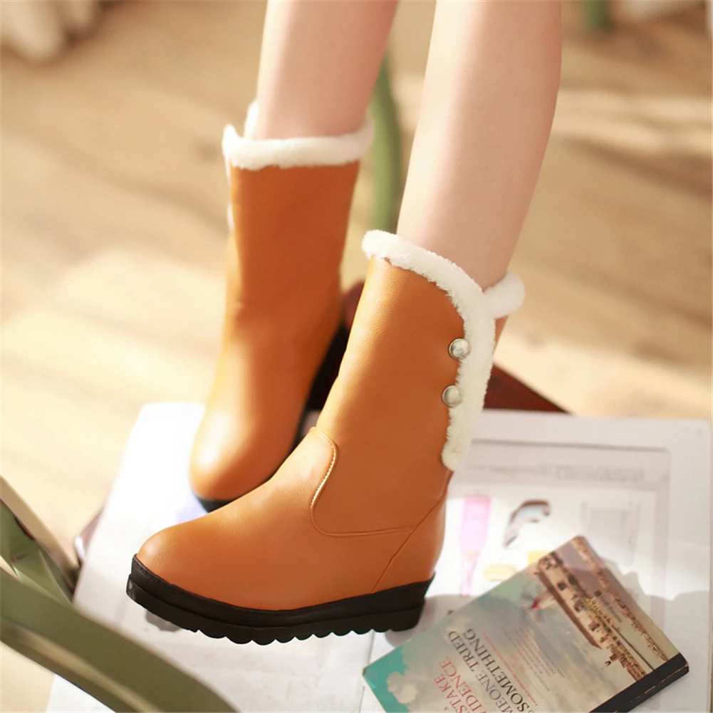 RIBETRINI Hot Sale Large Size 34-42 Increasing Heels Mid Calf Boots Women Shoes Woman Slip On Add Fur Warm Winter Boots Woman