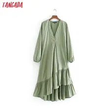 Tangada женское свободное зеленое плиссированное платье с длинным рукавом и v-образным вырезом модное повседневное удобное платье vestidos feminina CE111