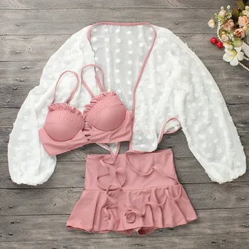 

2020 Women High Waist Bikini Set Push Up Swimwear Bathing Suit with Long Sleeve Tops Summer Sexy Swimsuit Underwire Biquinis