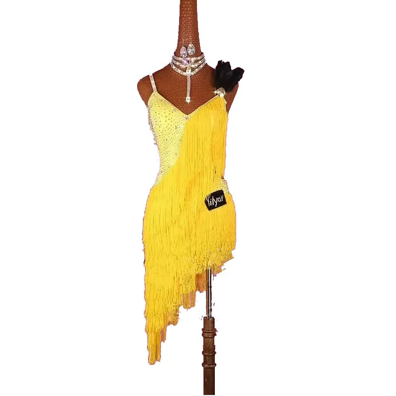 

New Latin Dance Dress Women Competition Costumes Custom Practice Skirts Shining Crystal Yellow Thick Fringed Latin Dresses