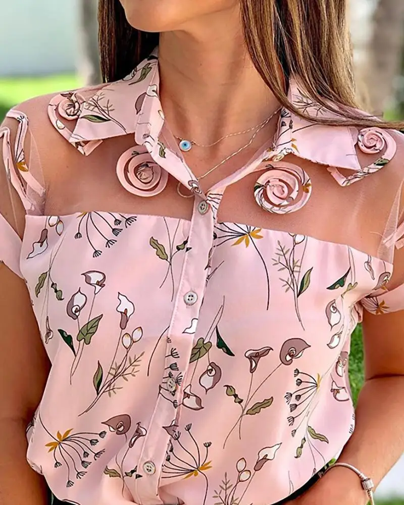 Осенняя женская элегантная повседневная рубашка с цветочным принтом, стильный топ для отдыха, сетчатая блузка с коротким рукавом и принтом