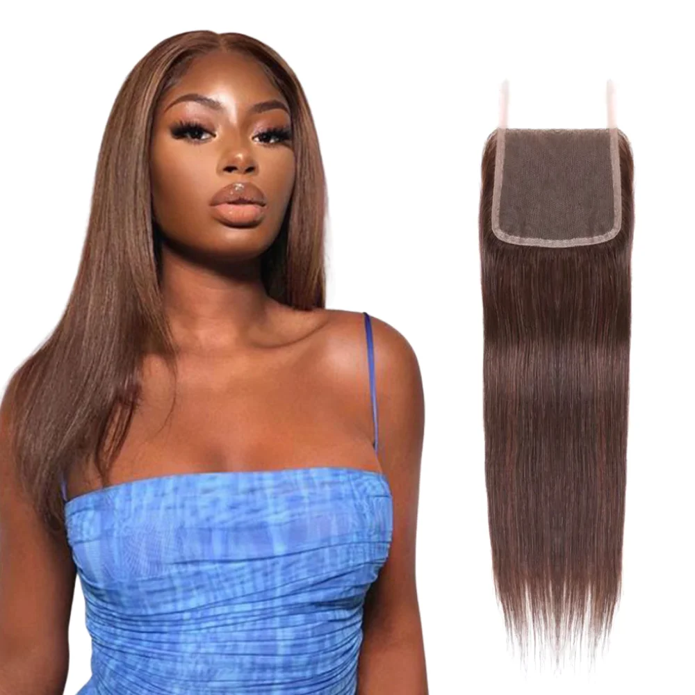 Sapphire Chocolate 4# 4X4 Lace Closure Free Part Swiss Lace Medium Brown Lace Closures Remy Brazilian Human Hair Bleached Knots