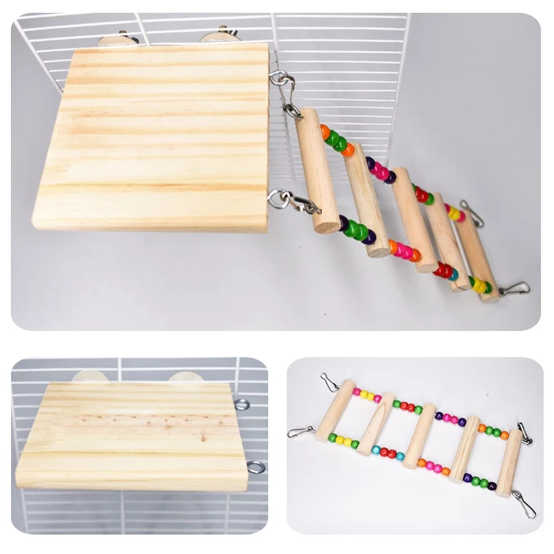 Wooden Parrot Hamster Bird Climbing Ladder Swing Play Toys Set Birds Exercise Perch