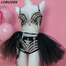 Бюстгальтер+ шорты+ юбка) серебристый, черный стразы бикини Комплект из 3-х предметов пикантные DJ женщинам певицам крючок для ночного клуба сценический наряд Детский костюм для вечеринок