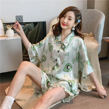 

New Arrivals WAVMIT Short Sleeve Pajamas Silk Set 2 Pcs Women Sleepwear Top Silk Women Short Pyjamas +Pant Homewear Set