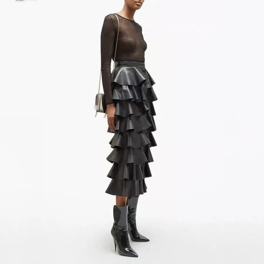 

Autumn New Women Fashion Midi Skirt High Waist Pu Leather Black Cake Skirt Ruffled Style Sexy Women Skirt Streetwear Skirt 45