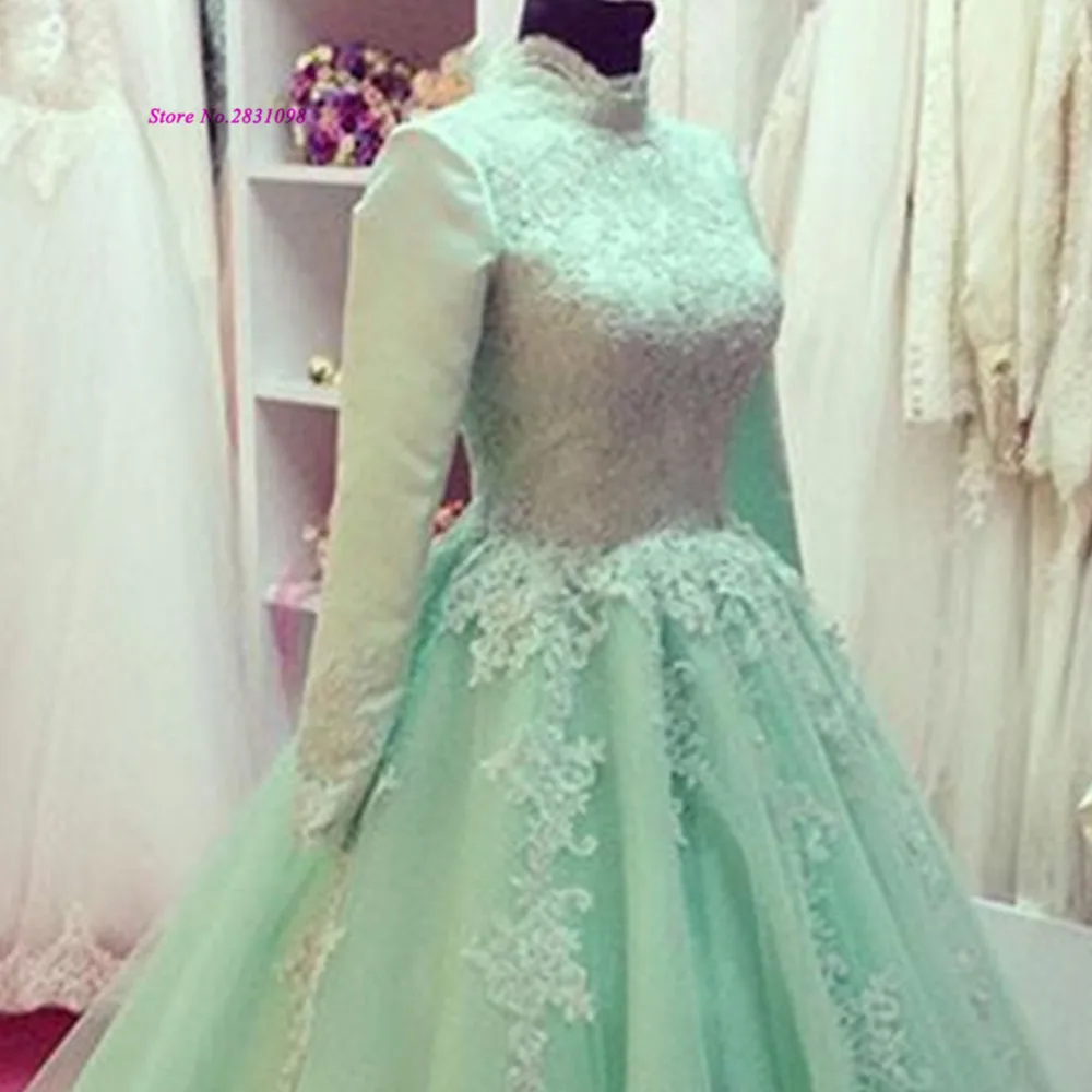 

Real Dubai Muslim Wedding Dresses High Neck Lace Mint Green Wedding Gowns for Bride Long Sleeve Islamic Bridal Dress Princess