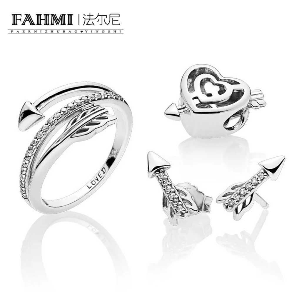 

FAHMI 100% 925 Sterling Silver 1:1 Reflexions Asymmetric Heart and Arrow Clip Sparkling Earring Ring Valentine's Day Gift Set