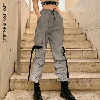 

SHENGPALAE 2020 Summer Vintage Patchwork Joggers Sweatpants Harajuku Woman Trousers Elastics High Waist Reflective Pants ZA4162