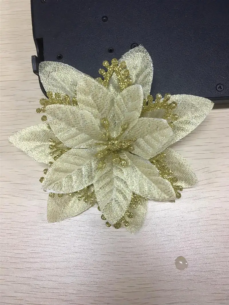 10pcs Artificial Flowers For Decoration Glitter Poinsettia Fake Flowers DIY Home Wedding Decoration Flower Head Christmas