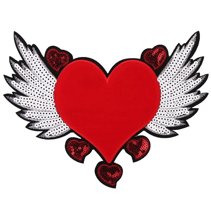 Cute Fly Wings Red Heart Patch Sewing Embroidered Sequin Patches For Clothes Jacket Fabric Angel Jeans Badges | Дом и сад