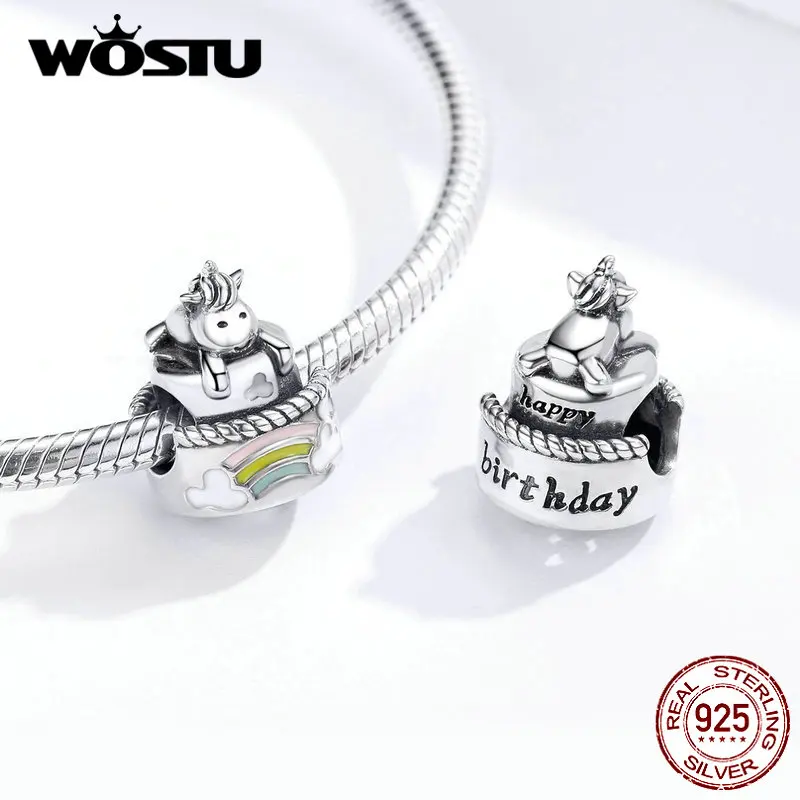 WOSTU Настоящее 925 пробы серебряный единорог день рождения бисер торт кулон подходит браслет талисманы серебро 925 ювелирные изделия DXC1311