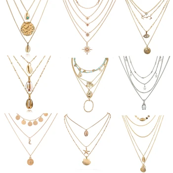

Bohemian 2020 Gold Silver Color Multilayer Necklaces Choker for Women Fashion Shell Crystal Moon Star Choker Necklace Jewelry