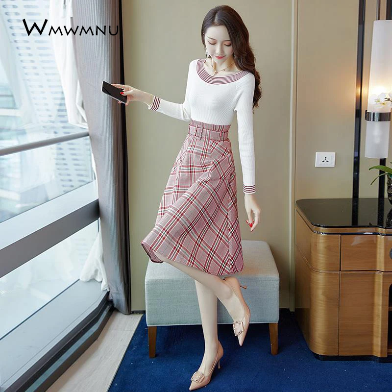 Plaid A-Line Skirt And Striped O-Neck Knitted Tops 2 Piece Set Women Korean Sashes Slim Fashion Long Sleeve Spring Autumn Suit