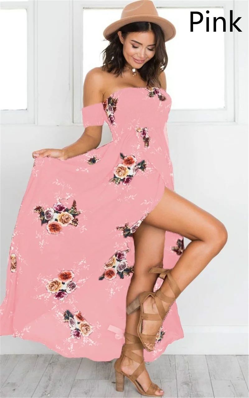 XS-5XL женские летние платья с коротким рукавом с открытыми плечами женский жилет с цветочным узором праздничное пляжное длинное платье - Цвет: Розовый