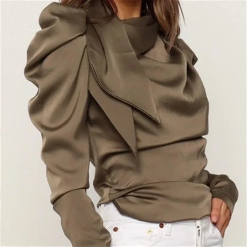 

Hot Fashion Women Satin Tops Bow Neck Long Puff Sleeve Black Elegant Outwear Shirt Office Lady Classic Blusas Chemise Outfits